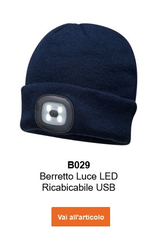 Immagine del cappello B029 con LED ricaricabili di colore nero con link all'articolo.