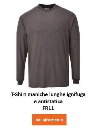 Una camicia a maniche lunghe grigia, ignifuga e antistatica. La maglietta a maniche lunghe FR11 ignifuga e antistatica ha girocollo e maniche lunghe, senza tasche o decorazioni visibili. È semplice e offre protezione dal calore e dall'elettricità statica. Sotto c'è il nome del capo e un tasto/click arancione sull'immagine porta all'articolo.