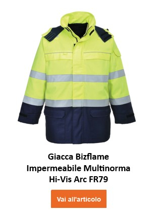 Giacca Bizflame Arc Flash multinorma alta visibilità FR79 di colore giallo con strisce riflettenti, appositamente progettata per la protezione contro gli archi elettrici. Viene fornito un collegamento alla pagina dell'articolo.