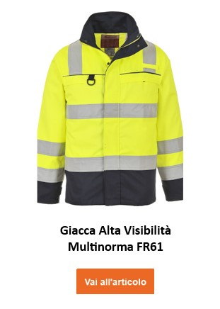 Giacca alta visibilità multinorma ignifuga, antistatica Bizflame FR61 di colore giallo con strisce riflettenti, offre protezione e visibilità complete. Viene fornito un collegamento alla pagina dell'articolo.