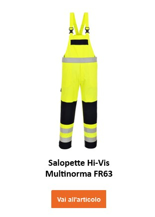 Salopette multinorma alta visibilità FR63 di colore giallo con bande rifrangenti, offre protezione e visibilità sul lavoro. Viene fornito un collegamento alla pagina dell'articolo.