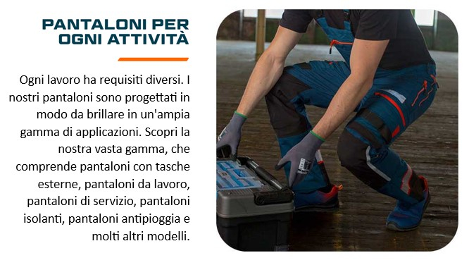 Torso e gambe di un lavoratore vestito con abiti da lavoro blu che prende qualcosa da una cassetta degli attrezzi. C'è un collegamento che porta ai nostri pantaloni da lavoro.