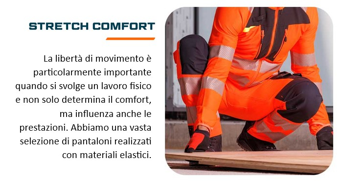 Torso e gambe di un operaio vestito con abiti da lavoro arancioni che solleva un'asse da terra. C'è un collegamento che porta al nostro abbigliamento da lavoro con contenuto elasticizzato.