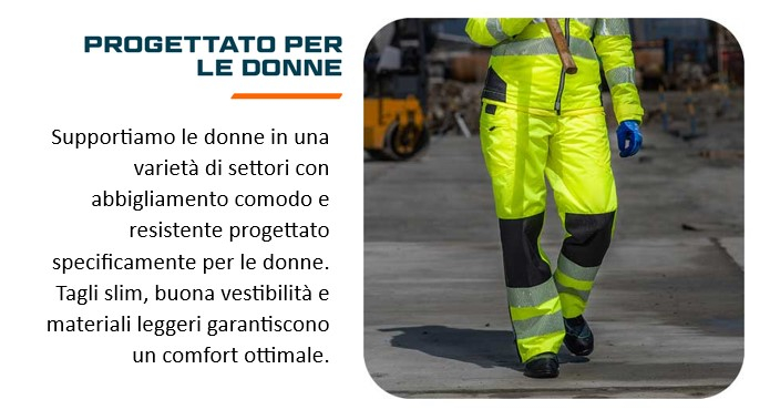 Torso e gambe di una lavoratrice in abiti da lavoro gialli. C'è un collegamento che porta al nostro abbigliamento da lavoro per donna.