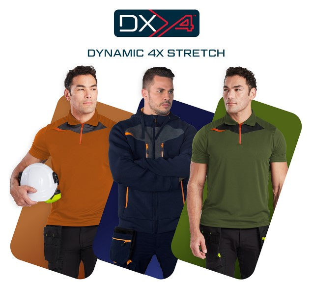 Tre uomini in abbigliamento da lavoro della collezione DX4 di Portwest davanti a tre campioni di colore rosso ruggine, blu scuro e verde muschio, che riflettono i rispettivi colori dell'abbigliamento da lavoro. Sopra l'immagine c'è il logo rosso-blu-bianco della collezione DX4 e la scritta "DYNAMIC DX4 STRETCH". C'è un collegamento che porta alla raccolta DX4.