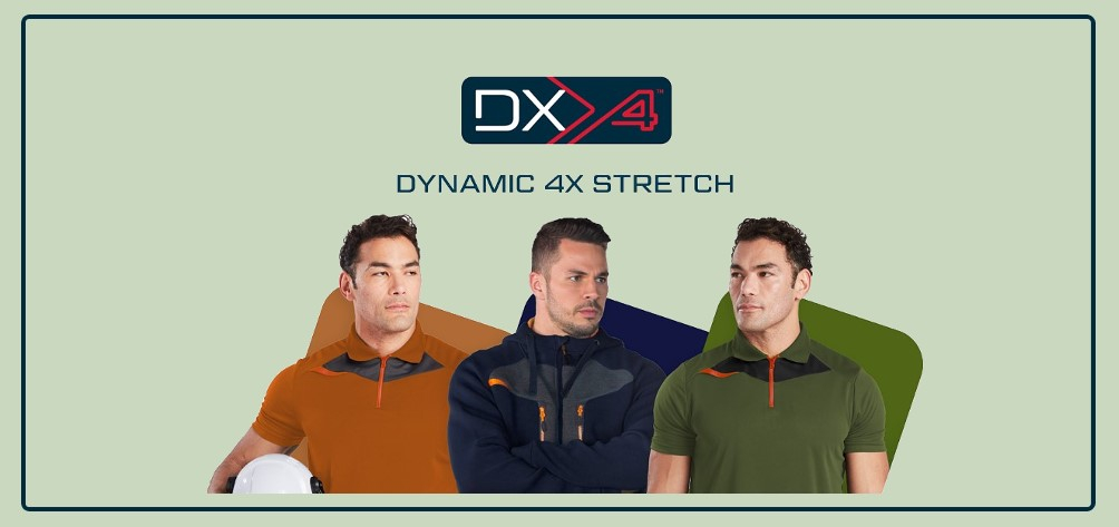 Tre uomini in abbigliamento da lavoro della collezione DX4 di Portwest davanti a tre campioni di colore rosso ruggine, blu scuro e verde muschio, che riflettono i rispettivi colori dell'abbigliamento da lavoro. Sopra l'immagine c'è il logo rosso-blu-bianco della collezione DX4 e la scritta "DYNAMIC DX4 STRETCH".