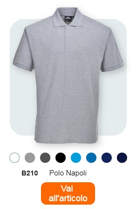 Una polo da uomo grigia, etichettata "B210 polo napoli uomo". Sotto la polo si possono vedere piccoli punti colorati in grigio, azzurro, nero, blu scuro, blu e blu scuro. Sotto c'è la scritta "Polo Napoli uomo B210". Nella parte inferiore dell'immagine è posizionato un pulsante arancione con un collegamento alla pagina dell'articolo.