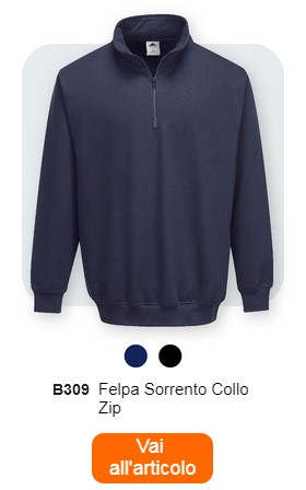 Una felpa blu scuro con cerniera sul colletto, etichettata "B309 Sorrento zip sweat". Sotto ci sono piccoli punti colorati in blu scuro e nero. Nella parte inferiore dell'immagine è posizionato un pulsante arancione con un collegamento alla pagina dell'articolo.