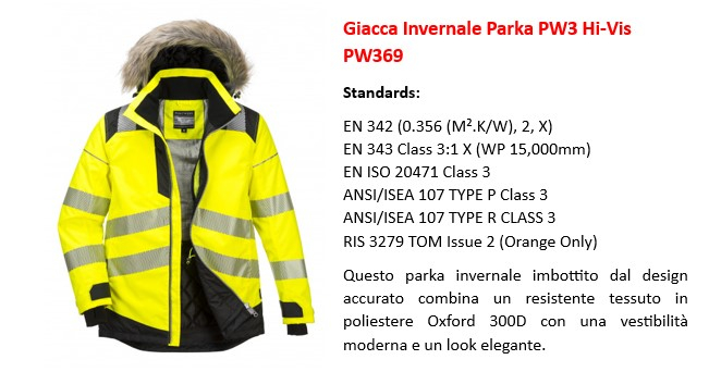 Immagine del parka invernale ad alta visibilità PW3 PW369 in giallo con collegamento alla pagina dell'articolo.