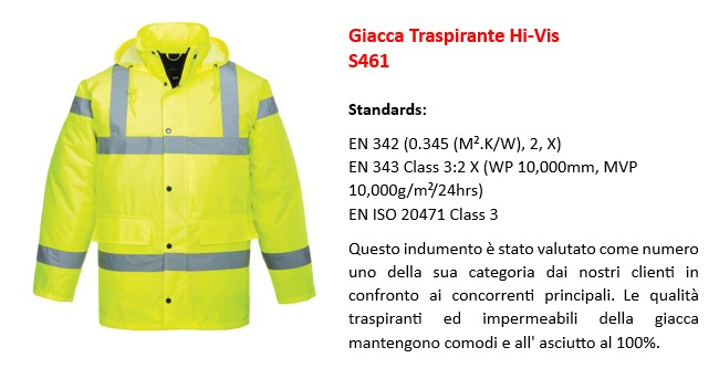 Immagine della giacca alta visibilità impermeabile e traspirante S461 in giallo con un collegamento che porta alla pagina dell'articolo.