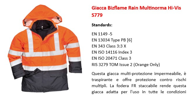 Immagine della giacca antipioggia multinorma alta visibilità Bizflame S779 in arancione con collegamento che porta alla pagina dell'articolo.