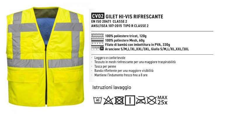 Immagine del gilet rinfrescante ad alta visibilità CV02 in giallo insieme alla descrizione delle caratteristiche dell'articolo e ai consigli di lavaggio. I dettagli possono essere trovati nella pagina dell'articolo, a cui si accede tramite il collegamento fornito.