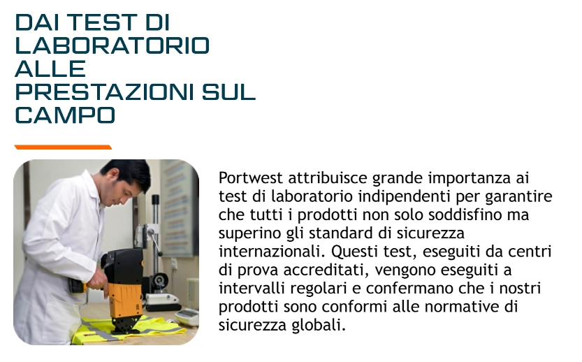 Immagine di un lavoratore che prova un giubbotto di sicurezza giallo in laboratorio. Sopra l'immagine c'è il titolo "Dai test di laboratorio alle prestazioni pratiche" e a destra c'è una casella di testo che spiega il protocollo di test di Portwest.