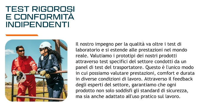 Immagine di due lavoratori in indumenti protettivi rossi e blu che parlano mentre si appoggiano a una ringhiera. Sopra c'è il titolo "Procedure di test indipendenti", con una casella di testo sulla destra che spiega perché i test esterni sono importanti.