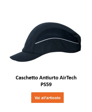 Un berretto antiurto nero con ventilazione integrata, denominato "berretto antiurto Air Tech PW59". Un pulsante arancione denominato "Vai all'articolo" è posizionato nella parte inferiore dell'immagine e conduce alla pagina dell'articolo.