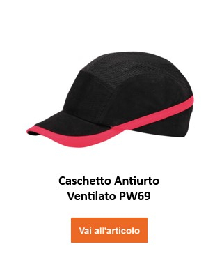 Un berretto antiurto ventilato nero con una striscia rossa, designato "Cappuccio antiurto ventilato PW69". Un pulsante arancione denominato "Vai all'articolo" è posizionato nella parte inferiore dell'immagine e conduce alla pagina dell'articolo.