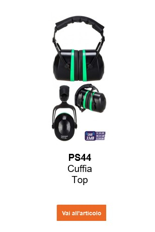 Immagine delle cuffie antirumore PS44 Top in nero con dettagli verdi e un collegamento che porta alla pagina dell'articolo.