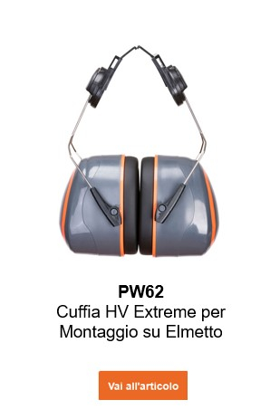 Immagine delle cuffie antirumore Clip On PW62 HV Extreme in grigio con dettagli arancioni e un collegamento che conduce alla pagina dell'articolo.