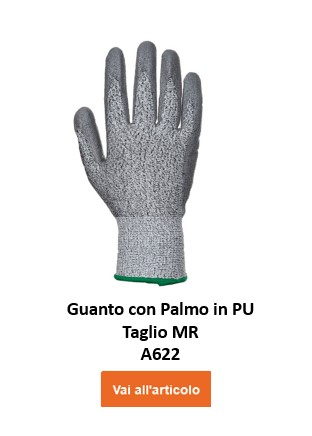 A622: guanto grigio resistente al taglio con dorso in maglia e palmo rivestito. Il guanto offre una protezione aggiuntiva contro tagli e abrasioni. C'è un collegamento che porta al guanto.