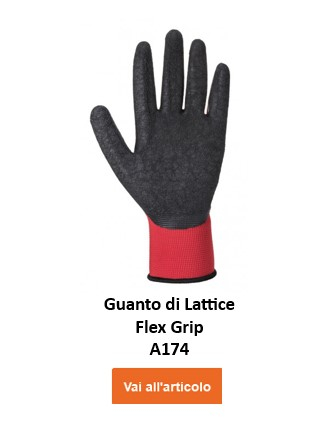 A174: guanto da lavoro nero con zona del polso rossa. Il palmo e le dita hanno un rivestimento strutturato che fornisce una presa aggiuntiva. C'è un collegamento che porta al guanto.