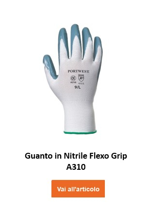 A310: guanto da lavoro bianco con palmo e punta delle dita rivestiti di grigio. Sul guanto è stampato il logo Portwest, nonché le informazioni sulla taglia e sulla certificazione. C'è un collegamento che porta al guanto.