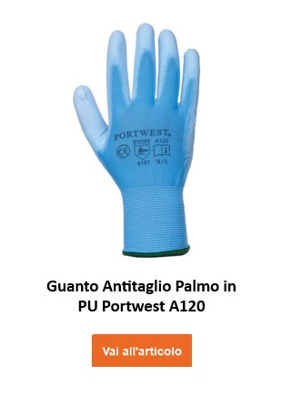 A120: guanto da lavoro blu con dorso in maglia e palmo rivestito. Sul guanto è stampato il logo Portwest, nonché le informazioni sulla taglia e sulla certificazione. C'è un collegamento che porta al guanto.