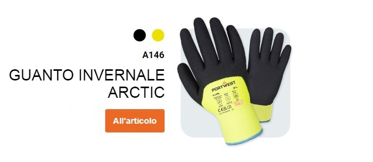 Guanto invernale artico A146 in giallo e nero con un pulsante che conduce alla pagina dell'articolo.