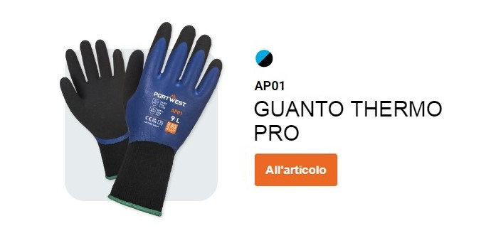 Guanto AP01 Thermo Pro in nero e blu con un pulsante che porta alla pagina dell'articolo.