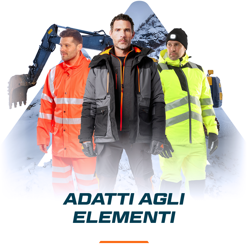 Tre uomini in abiti da lavoro diversi davanti a una sezione triangolare di un pendio di montagna innevato. In basso c'è la scritta "Fit for the Elements" in maiuscolo blu.