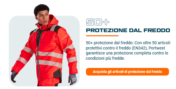 Immagine di un lavoratore vestito di arancione brillante su uno sfondo grigio. Accanto c'è l'intestazione "50 più protezione dal freddo" e un campo di testo con il seguente testo: Oltre 50 prodotti per la protezione dal freddo: con oltre 50 prodotti per la protezione dal freddo (EN342), Portwest offre una protezione completa dalle condizioni ambientali fredde. Un pulsante arancione conduce alla nostra selezione di prodotti per la protezione dal freddo.