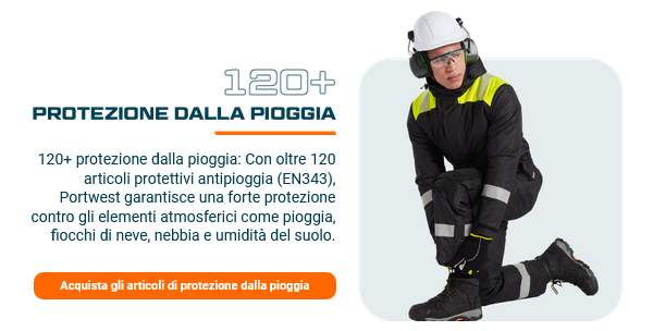 Immagine di un operaio vestito di blu scuro e giallo con un casco di sicurezza. Accanto c'è l'intestazione "120 plus protezione dalla pioggia" e una casella di testo con il seguente testo: Oltre 120 prodotti per la protezione dalla pioggia: Con oltre 120 prodotti per la protezione dalla pioggia (EN343), Portwest garantisce una forte protezione dagli elementi, tra cui pioggia, neve, nebbia e umidità del terreno. Un pulsante arancione conduce ai nostri prodotti per la protezione dalla pioggia.