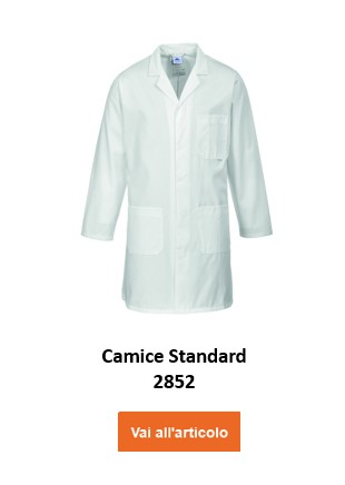 Un camice da laboratorio bianco etichettato "Standard Professional Coat 2852". Il grembiule ha diverse tasche e maniche lunghe. C'è un link che porta all'articolo.