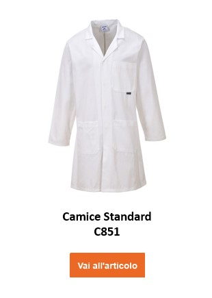 Un camice da laboratorio bianco etichettato "Standard Coat C851". Il grembiule ha diverse tasche e maniche lunghe. C'è un link che porta all'articolo.