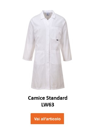 Un camice da laboratorio bianco da donna, denominato "cappotto da donna standard LW63". Il grembiule ha diverse tasche e maniche lunghe. C'è un link che porta all'articolo.