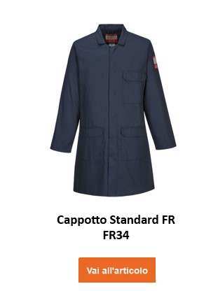 Un camice da laboratorio blu scuro con l'etichetta "FR Standard Coat FR34". Il grembiule ha diverse tasche e maniche lunghe. C'è un link che porta all'articolo.