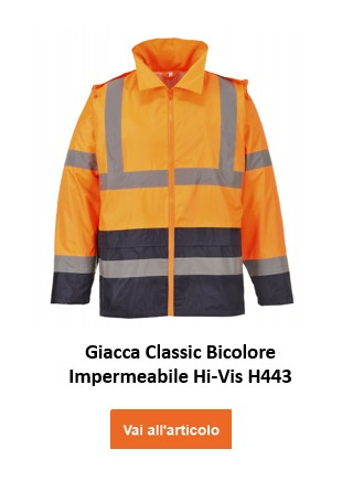 Classica giacca antipioggia H443 a contrasto ad alta visibilità in arancione con strisce riflettenti. Il collegamento fornito porta alla pagina dell'articolo.