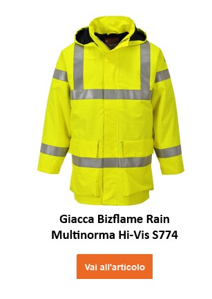 Giacca leggera Bizflame Multinorm antipioggia S774 in giallo brillante con strisce riflettenti. Viene fornito un collegamento alla pagina dell'articolo.