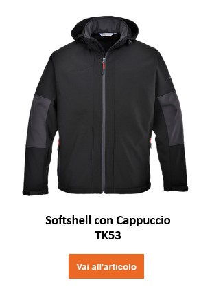 Giacca softshell impermeabile TK53 con cappuccio di colore nero con link all'articolo.