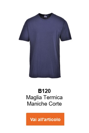 Immagine della maglia termica a maniche corte B120 in blu con testo informativo e link all'articolo.