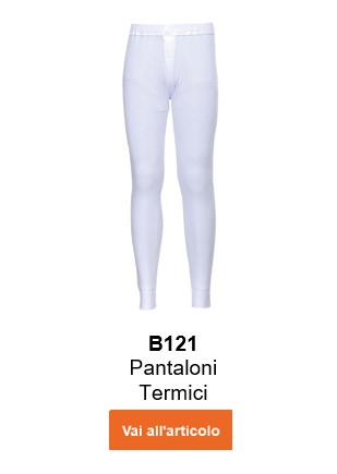 Immagine del pantalone termico B121 in bianco con testo informativo e link all'articolo.