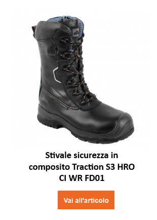 Immagine dello stivale di sicurezza Portwest Compositelite Traction HRO CI WR FD01 in nero con un pulsante arancione e un collegamento all'articolo.