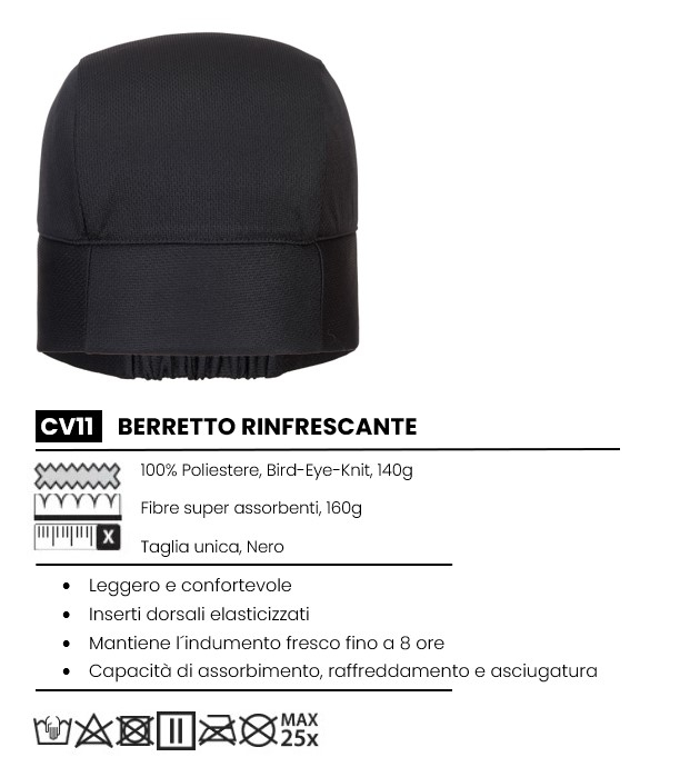 Berretto rinfrescante nero CV11 in 100% poliestere, maglia bird-eye, 140 g, con fibre altamente assorbenti, 160 g. Taglia unica, elastico sul retro. Leggero e confortevole, rimane fresco fino a 8 ore, con funzioni assorbente, rinfrescante e asciugante. Viene fornito un collegamento all'articolo