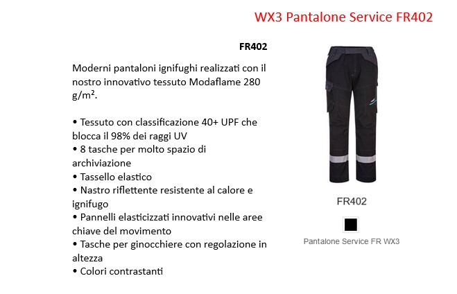 Pantaloni WX3 FR Service FR402 in nero con strisce riflettenti e un collegamento che porta alla pagina dell'articolo.