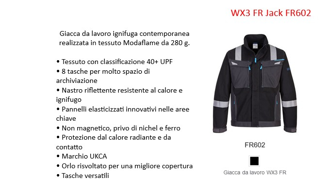 Giacca da lavoro WX3 FR FR602 in nero con strisce riflettenti e un collegamento che porta alla pagina dell'articolo.