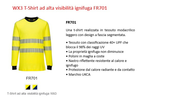 T-shirt di protezione con avvertenza ignifuga WX3 FR701 in giallo con strisce Relfex e un collegamento che porta alla pagina dell'articolo.