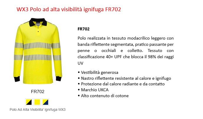 Polo WX3 ignifuga ad alta visibilità FR702 in giallo con strisce Relfex e collegamento che porta alla pagina dell'articolo.