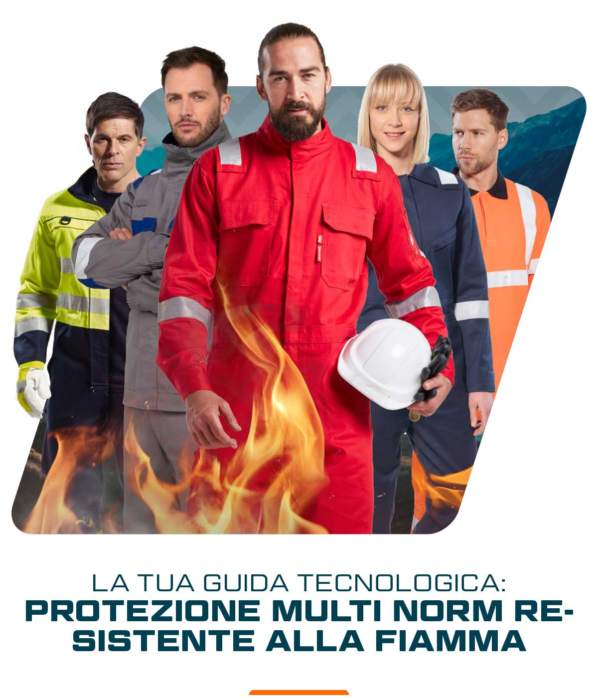 Cinque lavoratori con indumenti protettivi ignifughi. Le fiamme possono essere viste nella parte inferiore dell'immagine. Esiste un collegamento che porta ai nostri indumenti protettivi ignifughi.